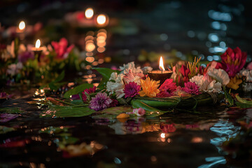 A Traditional Floating Offering Made of Flowers with a Lit Candle During a Night Festival