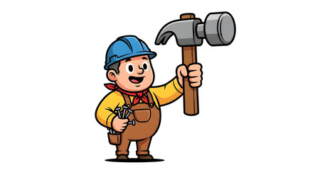 Obraz premium Friendly cartoon handyman worker with hammer and tools, illustration for construction and repair