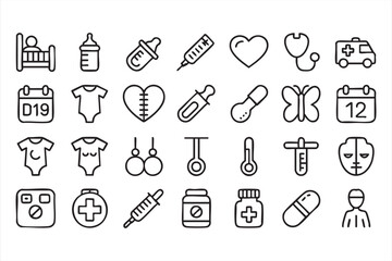 Vector illustration of bottle, crib, and syringe line graphics for baby health
