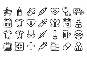 Fototapeta premium Pediatric healthcare and baby care outline icons for hospital and clinic design