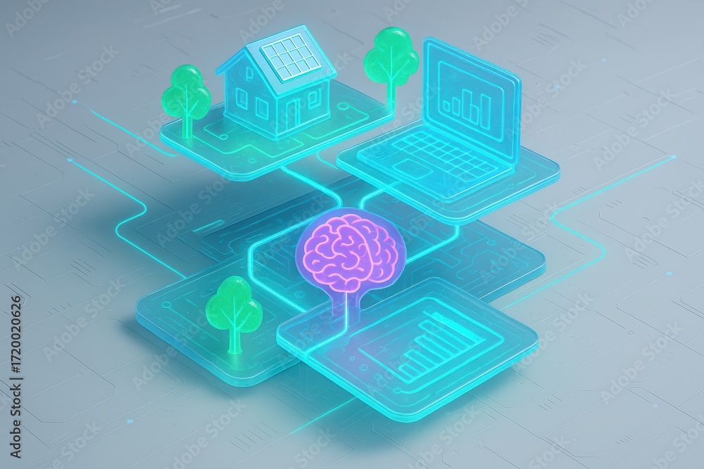 Poster ai-driven smart home integration: an illustration showing how artificial intelligence connects a hou