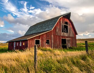 Obraz premium Rustic red barn in golden field under a dramatic sky