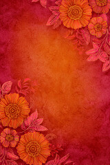 A vibrant ancient textured background with warm dark orange and red hues, Dussehra holiday celebration, vertical banner, copy space, floral decoration