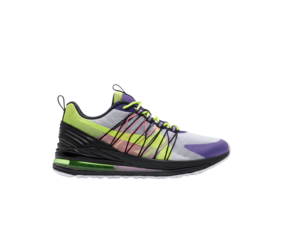 Modern athletic sneaker with vibrant purple, green, and pink accents, featuring a unique lacing system and cushioned sole for comfort and performance isolated on transparent background