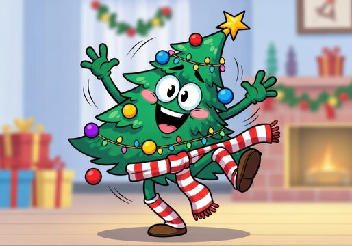 A cheerful cartoon christmas tree character with a big smile, wearing a striped scarf and hat, dancing energetically in a festive room with gifts and a fireplace - Powered by Adobe