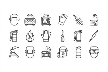 Vector set of protective gear and welding tools line graphics for engineering use