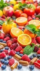 Assortment of fresh fruit and vitamin supplements