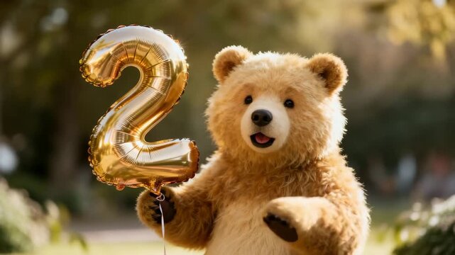 Plush teddy bear holding gold balloon shaped as number two outdoors  