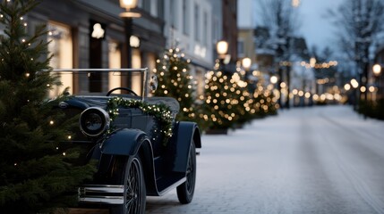 Vintage Car Decorated for Holiday Parade in Winter Wonderland Street Scene at Dusk