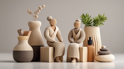 Modern Spa Therapy Session Decor with Natural Elements and Wooden Figures