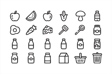 Vector illustration of dairy, fruits, and vegetables line graphics set