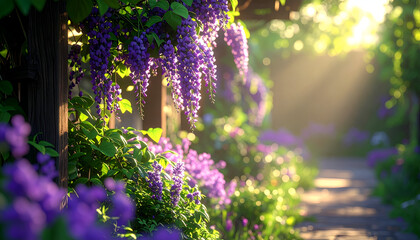 Obraz premium Purple Wisteria Flowers Blooming in Sunlit Garden Path