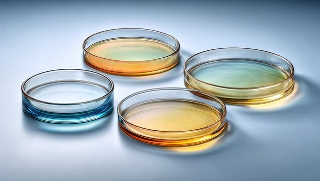 Four petri dishes filled with various liquids, showcasing a range of transparent and vibrant hues against a pale blue backdrop.