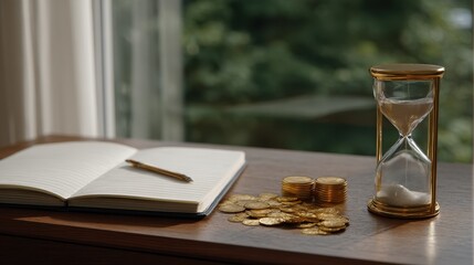 Hourglass Tipped Over with Coins Spilled Across Table Next to Open Notebook and Pen
