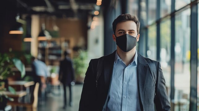 A man in a suit walking through a modern office with a black face mask on. - Powered by Adobe