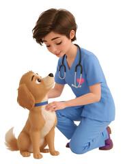 Animated Veterinarian in Blue Scrubs Gently Touching a Golden Retriever Puppy animal doctor transparent background isolated on a transparent background