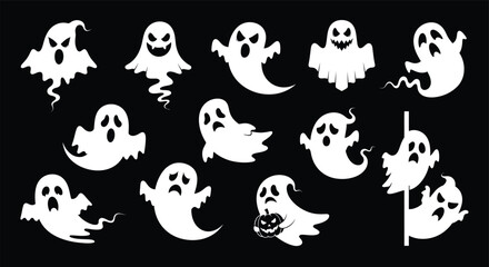 Set of cute and spooky ghost illustrations perfect for your Halloween decorations and creative projects, capturing the fun and festive spirit of the holiday