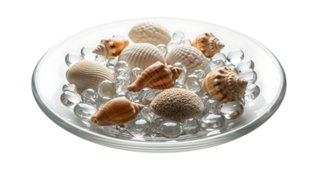 A clear glass plate filled with an assortment of seashells and clear glass beads, isolated on transparent background, creating a serene and decorative display suitable for home decor or spa settings