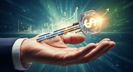 Unlock Financial Success With This Glowing Key Symbolizing Growth And Prosperity In A Digital World
