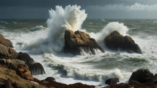 Dramatic ocean waves crashing powerfully against rugged coastal rocks under a stormy sky create a sense of awe and wild beauty for adventure and resilience