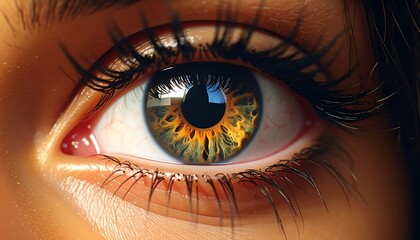 A close-up view of a human eye with intricate details. The iris reveals complex patterns and the eyelashes frame it beautifully. The light gives a bright reflection