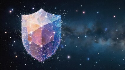 Stunning digital shield protecting against cyber threats with vibrant network connections in space, symbolizing security, innovation, and powerful defense systems