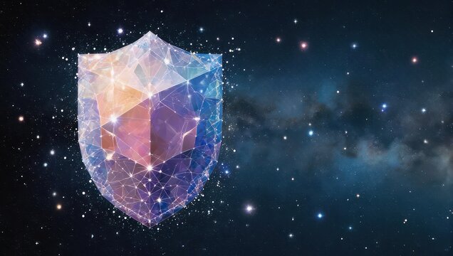Stunning digital shield protecting against cyber threats with vibrant network connections in space, symbolizing security, innovation, and powerful defense systems
