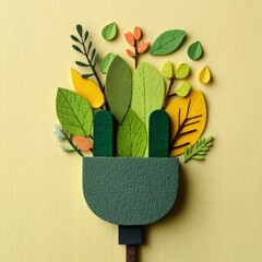 Creative Energy Icon with Paper Cut Leaves on Pastel Background for Eco Concepts