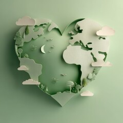 Heart Shape Paper Cut Design with Nature Elements and Soft Green Background