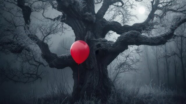 Eerie red balloon floating by spooky tree in ghostly foggy forest, perfect for Halloween, horror themes, or mysterious landscapes, creating unsettling mood