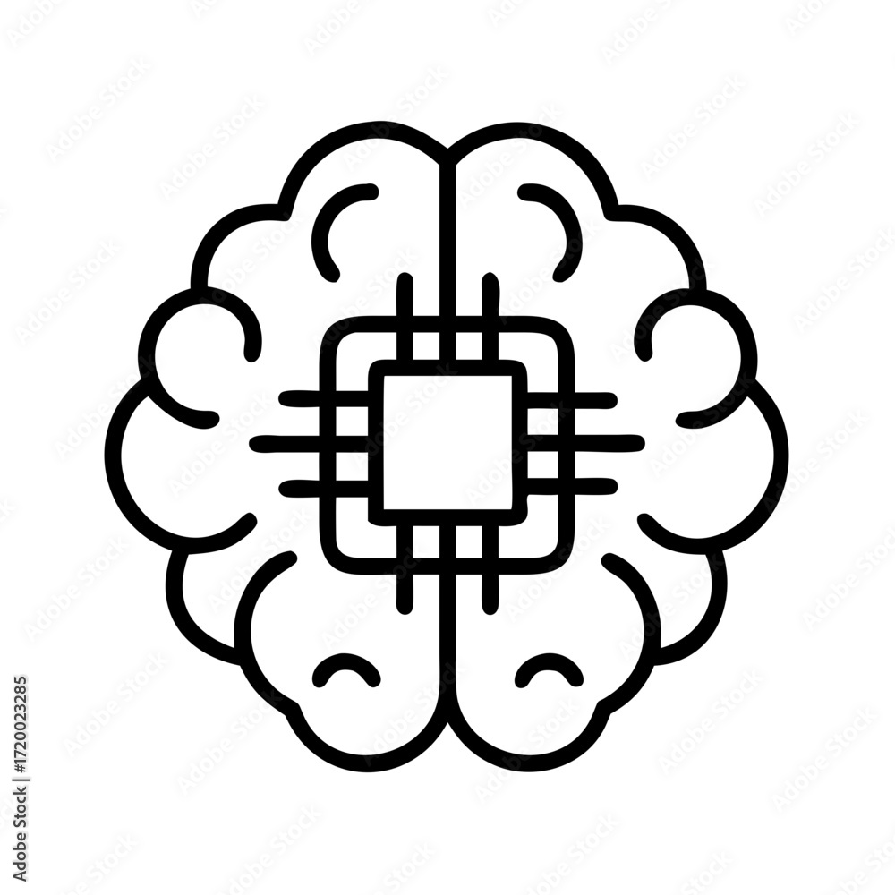 Poster Stylized outline of a human brain with a central microchip graphic isolated on transparent background