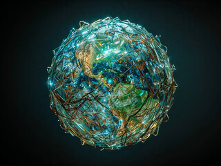 Abstract digital globe with intricate wireframe and glowing lights
