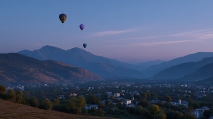 Fototapeta premium Hot Air Balloons Ascending into a Pale Blue Sky Over Serene Mountain Landscape at Dawn