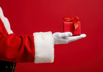 Santas White-Gloved Hand Presents a Tiny Red Gift Box on a Vibrant Monochromatic Red Background.
