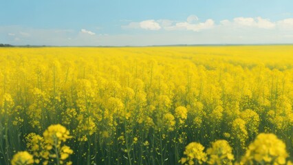 Obraz premium Stunning yellow canola flowers bloom under a clear blue sky, promising a vibrant, bountiful harvest in the golden countryside, creating a sense of peace