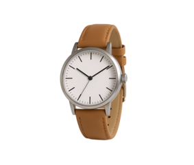 A minimalist wristwatch with a white dial, black hour markers, and a tan leather strap, isolated on a transparent background