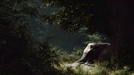 An elephant rests in the d d shade of a dense forest canopy surrounded by lush vegetation