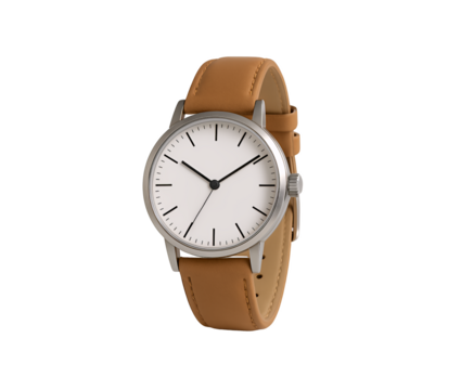 A minimalist wristwatch with a white dial, black hour markers, and a tan leather strap, isolated on a transparent background