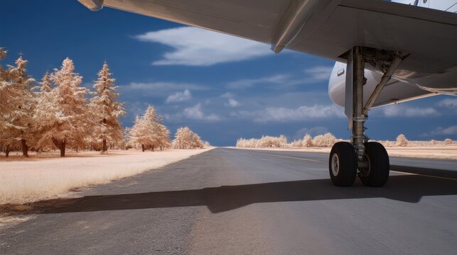 View of Airplane Parts on Runway Under Clear Sky with Trees in Background