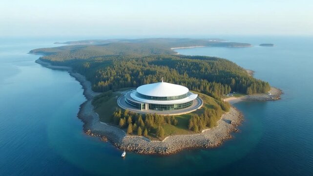 View from a drone of the peninsula on which the Primorsky Oceanarium is located