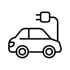 Simple line art icon of an electric car charging with a plug isolated on transparent background