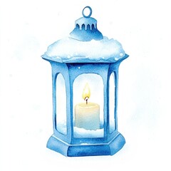 Christmas candle vintage lantern watercolor light blue.