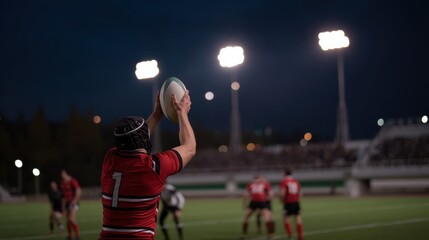 Intense Rugby Match Under Night Lights with Focused Player Preparing for Lineout