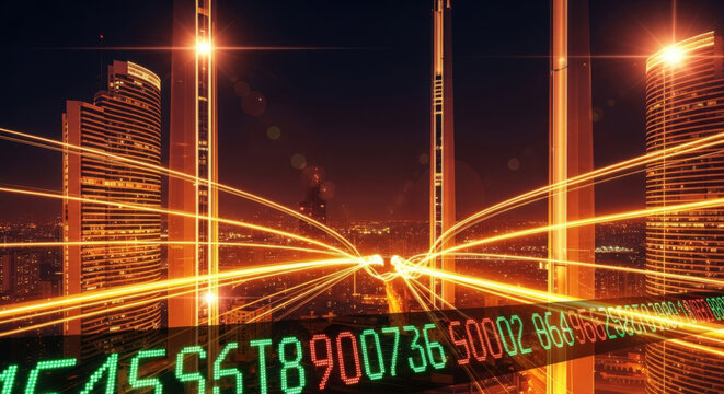 Futuristic Cityscape with Data Streams and Financial Figures Displayed on a Digital Ticker Tape Conveying High-Speed Trading and Global Market Connectivity - Powered by Adobe