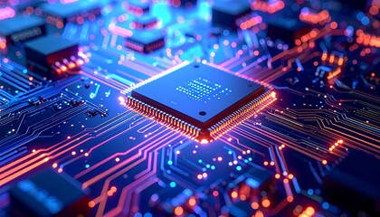 A close-up view of a modern microchip, showcasing intricate circuitry and vibrant neon-like light effects, highlighting the complexity of digital systems