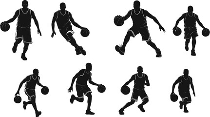 PrintBasketball player silhouette, athlete dribbling ball, dynamic sports action, professional game vector, fitness movement, training illustration, competitive basketball design