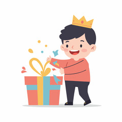 Joyful boy unwrapping a colorful gift with excitement  