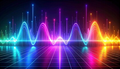 A vibrant, digitally rendered image featuring a colorful waveform, pulsating with energy and neon lights. Grid floor adds depth