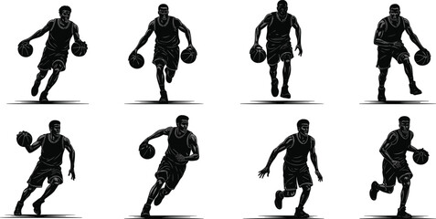 PrintBasketball player silhouette, athlete dribbling ball, sports action vector, training illustration, competitive game artwork, dynamic movement, professional basketball design, fitness