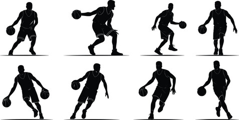 PrintBasketball player silhouette, dribbling ball, sports action illustration, athlete training design, professional game artwork, fitness movement, competitive basketball vector